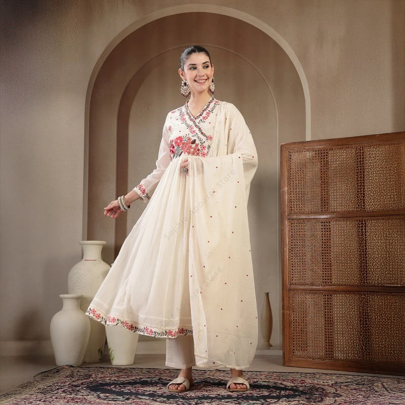 Summer Clothing India - White Cotton Anarkali Kurti Set with