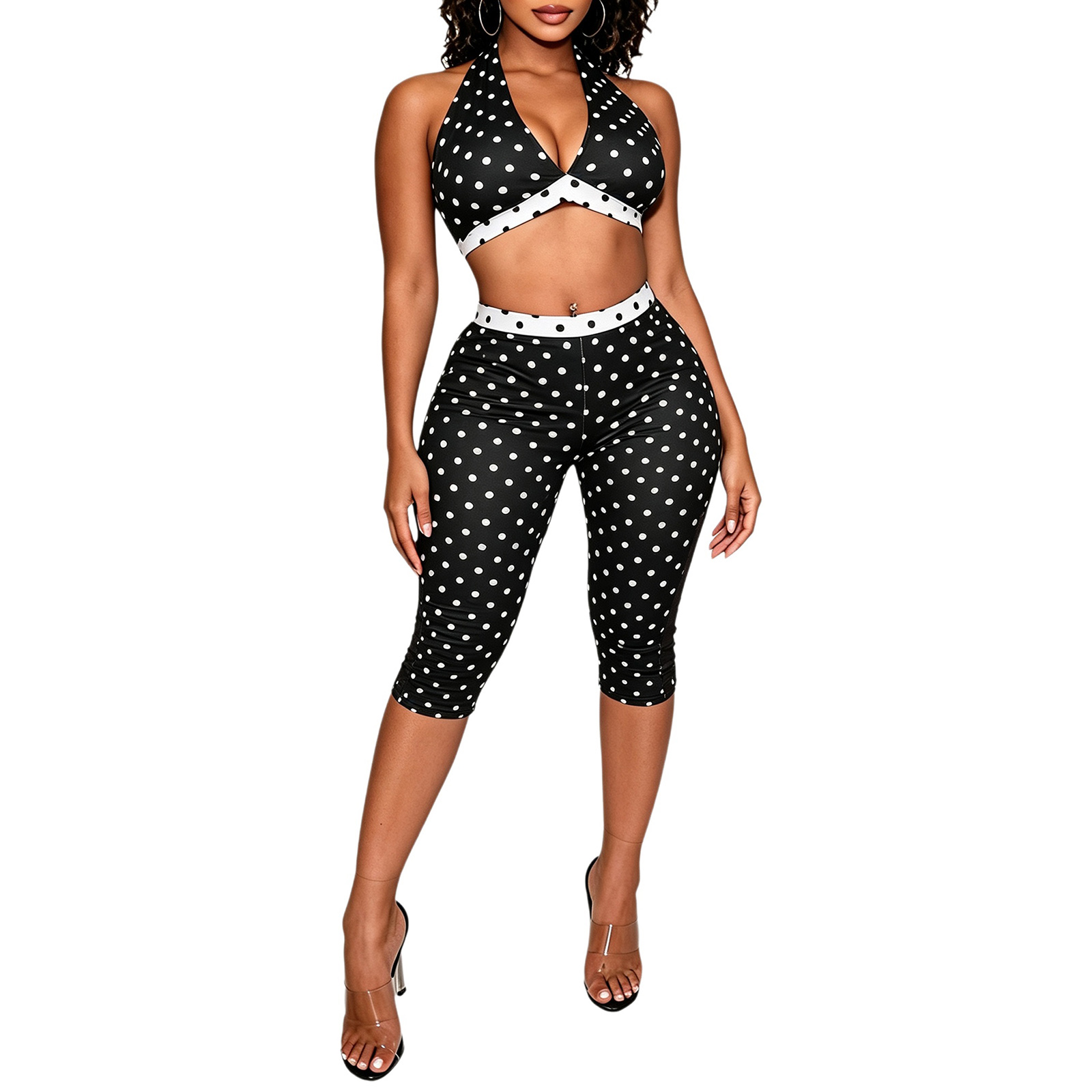 Halter Neck Top - Women's Sexy Outfit Polka Dot Printed