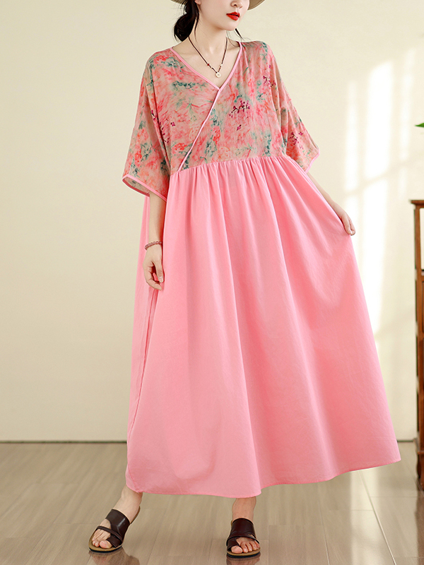 Summer Clothing New Look - Retro Style Cotton Linen V-Neck Splice