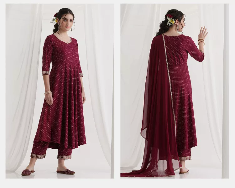 Women Maroon Ethnic Kurta Set  - огляд і ціна Summer Clothing India