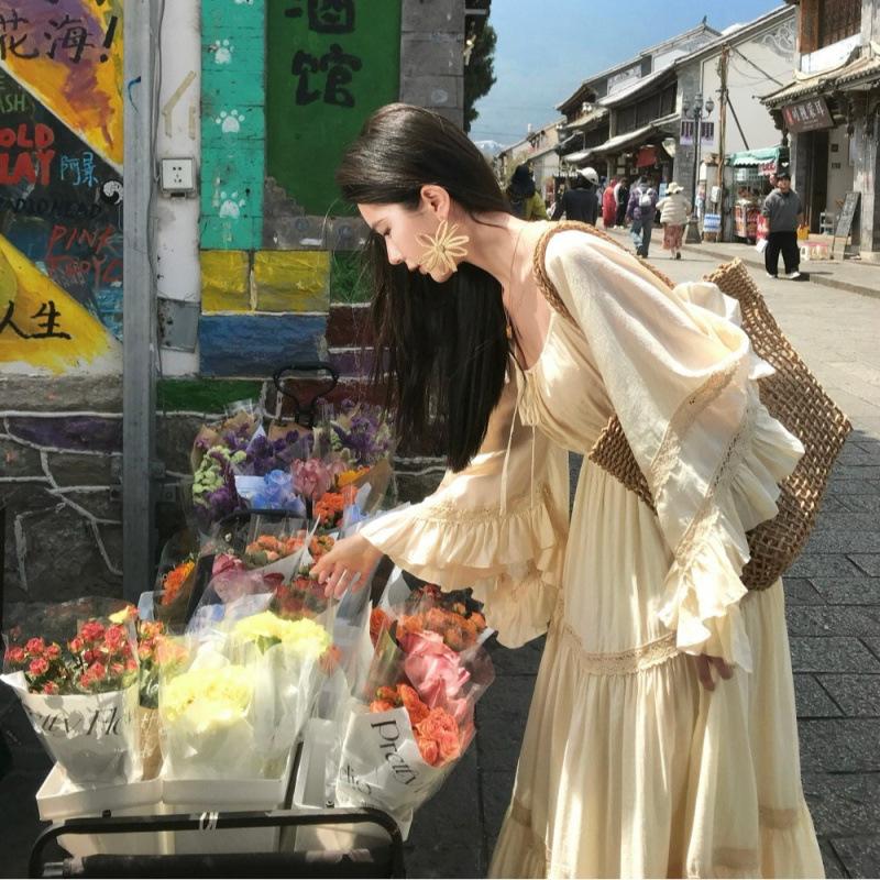 New Elegant Square Neck Trumpe - огляд і ціна Summer Clothing Women Sale